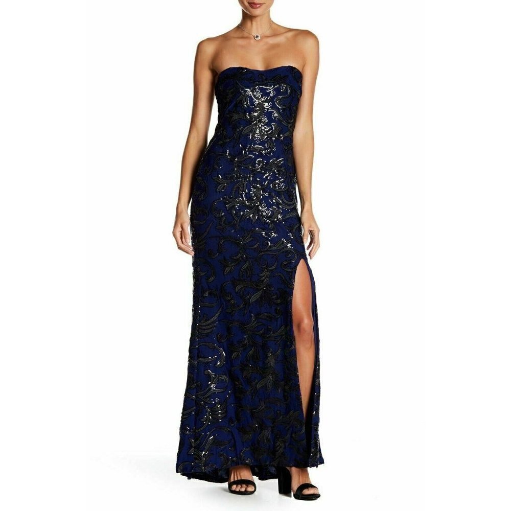 Marina Womens Blue Lace Sequin Gown Dress Size 6